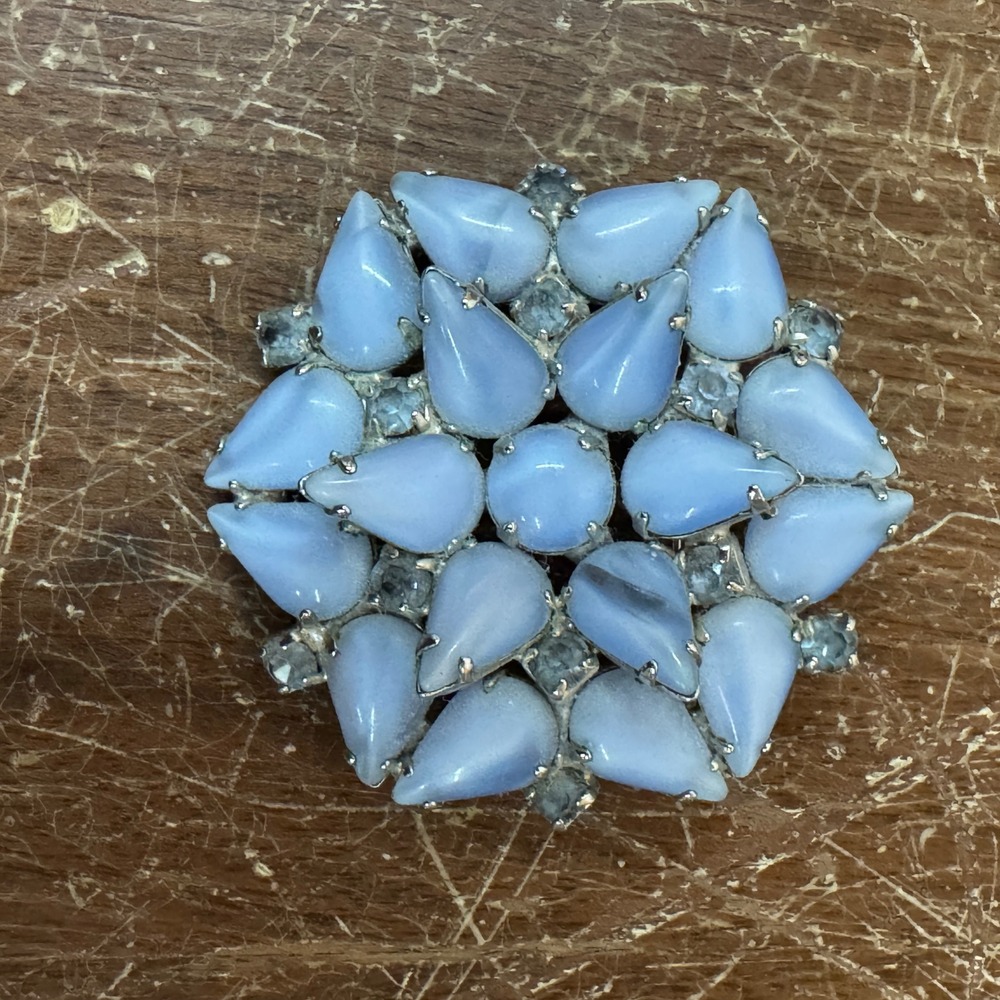 Juliana Vintage Floral Brooch‎ Blue Glass Cabochons Rhinestone Silver Tone